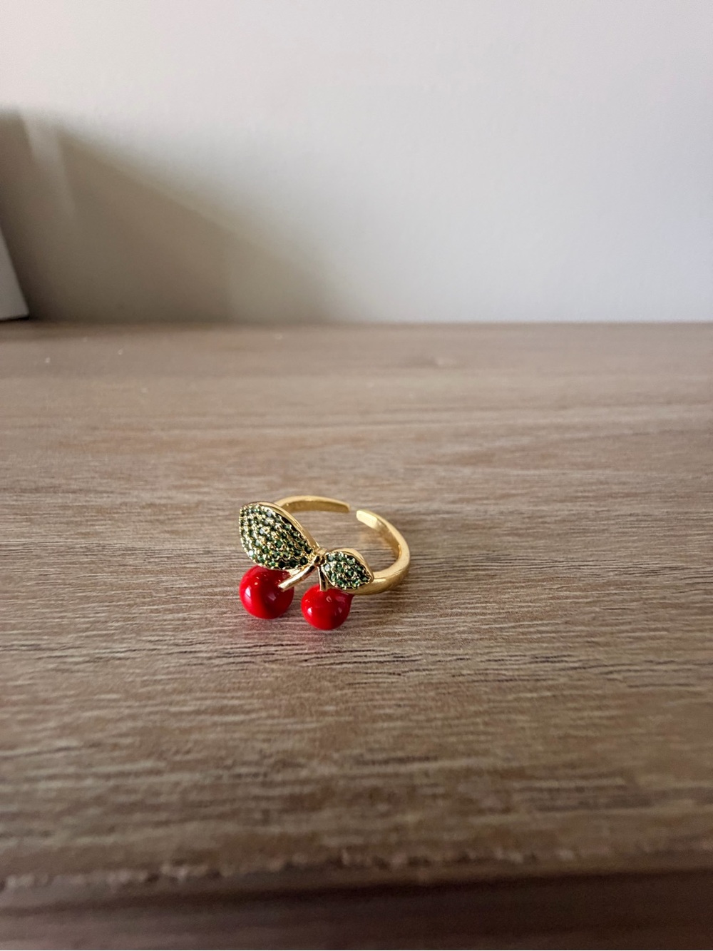 Gold Cherry Ring with Red Enamel Accents